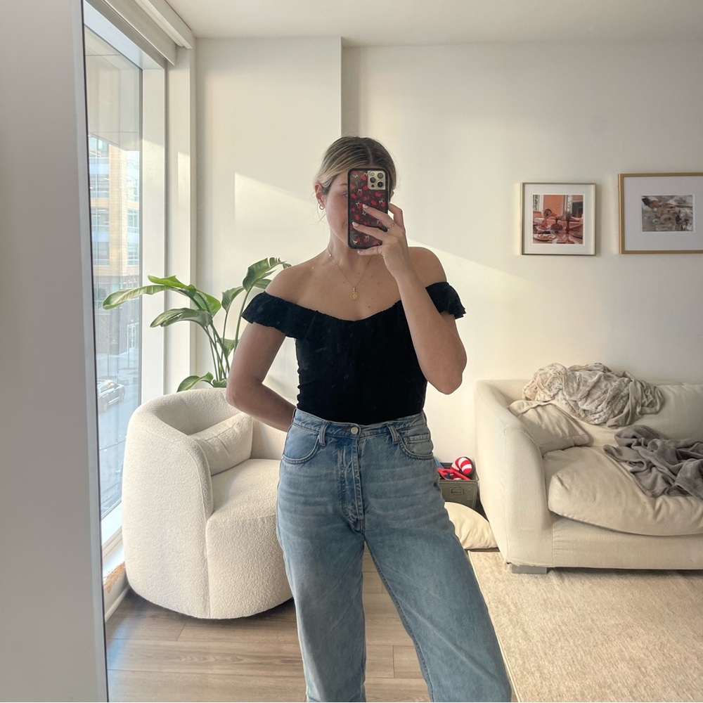 reformation ribbed flounce off shoulder top